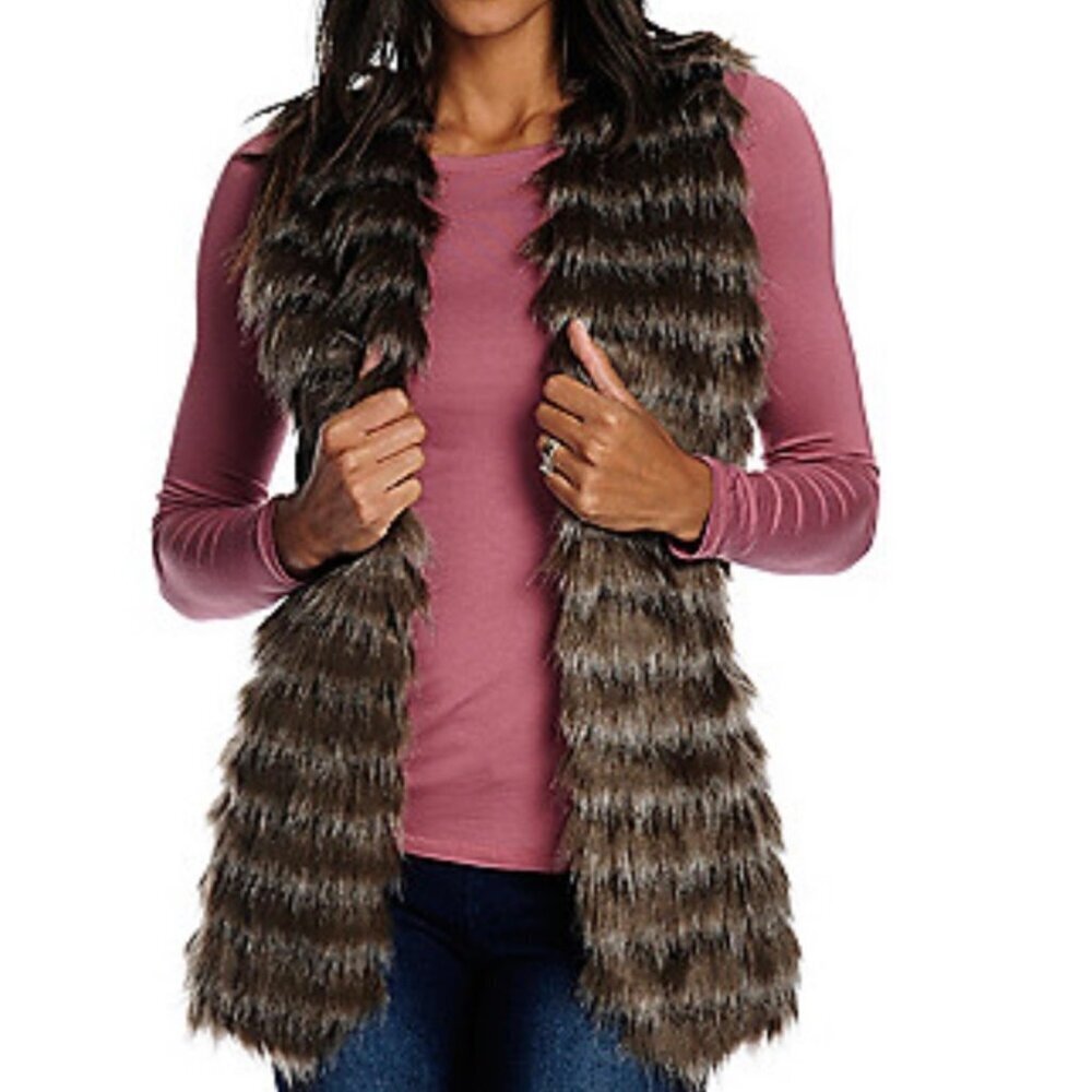 Donna Salyers Fab Furs Boho Chic Vest Womens S Black Tan Faux Fox Lined Pockets - Picture 2 of 11